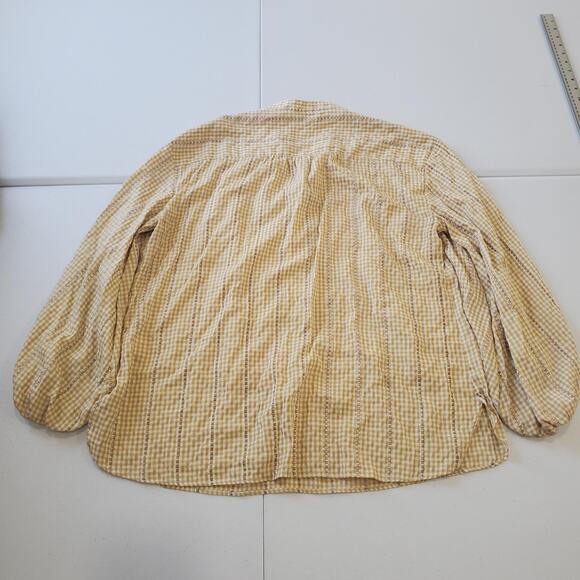 Cottagecore Shirt Womens XL Yellow White Gingham Embroidered Peasant Boho Top - Picture 3 of 9